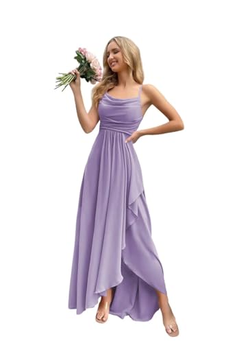 PUXIU Dusty Purple Bridesmaid Dresses with Slit for Women 2024 Scoop Neck Ruched Chiffon Spaghetti Straps Beach Maid of Honor Dress for Wedding Floor Length Formal Dress US6