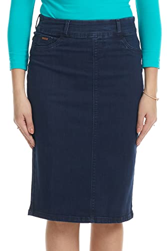 ESTEEZ Modest Midi Jean Skirt – Pull-On Stretch Denim Skirt, Tznius & Chic - Boston (EX802182 Dk Blue 6)