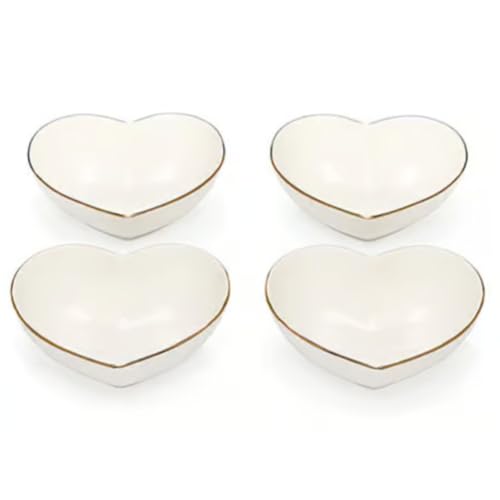 Surlama 4pcs Ceramic Big Heart-shaped Bowls Gold Line White Deep Heart Plates Salad Bowl/Fruit Bowl for Desserts/Pasta/Dinner (6.5inch, White)