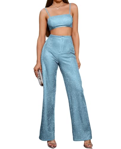 Colysmo Women's Two Piece Outfit Sparkle Sequin Sleeveless Cami Crop Top Bling Glitter High Waist Straight Wide Leg Pants Set Blue