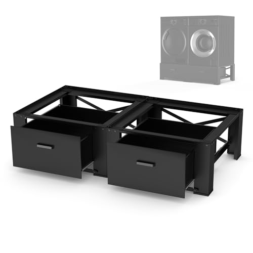 2 Pack Washer Dryer Pedestals with Drawer - 28" Laundry Pedestal for Washer and Dryer Stand, Steel Washing Machine Stand Raiser, 14.3 Inches Height Elevation Black
