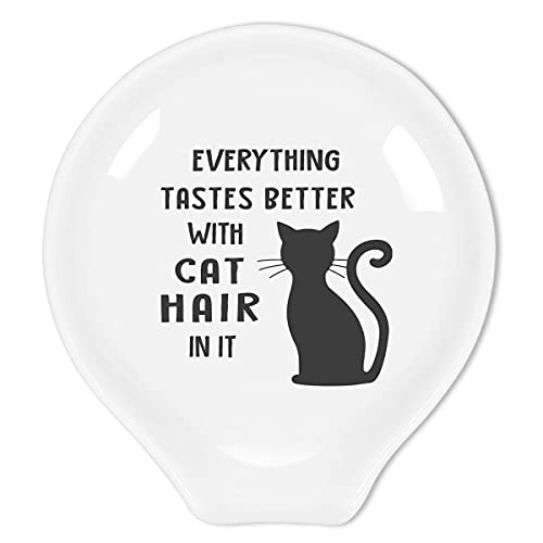 Cute Cat Coffee Spoon Holder,Funny Everything Tastes Better with Cat Hair in It Ceramic Spoon Rest 3.9“x 3.3”x 0.78“