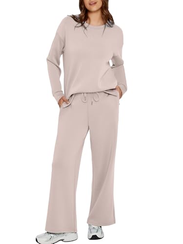 Glamaker Womens 2 Piece Lounge Set Fall Long Sleeve Pullover Tops Long Pants Casual Sweatsuits Tracksuit Sets with Pockets Khaki S