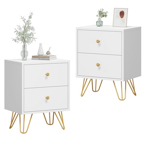CARPETNAL Nightstand Set of 2, End Side Table Double, Bedside Table with 2 Drawers, Dual Night Stand Metal Legs and Knobs for Bedroom Living Room (White)
