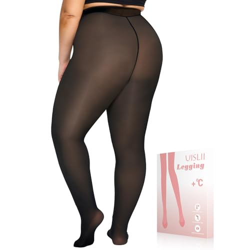 UISLII Plus Size Fleece Lined Tights Women,Warm Pantyhose Leggings Women,Fake Translucent Thermal Skin Colored Tights Winter,ropa de invierno para mujer.(Black-XXL-Plus)