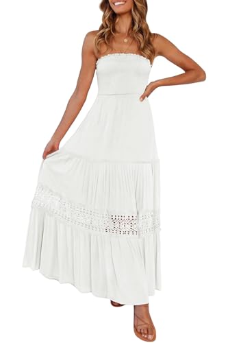 ZESICA Women's 2025 Summer Bohemian Strapless Off Shoulder Lace Trim Backless Flowy A Line Beach Long Maxi Dress,White,Large