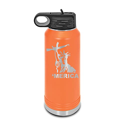 Lady Liberty Gun Merica Laser Engraved Water Bottle Customizable Polar Camel Stainless Steel with Straw - small bomb fragmentation Orange 32 oz