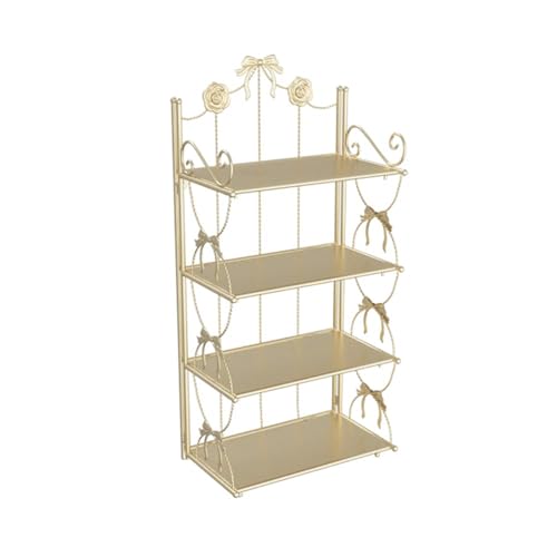 BOOMALTU Cute 4-Tier Folding Metal Shelving Bathroom Shelf,Gold Shelves Gold Bookshelf with Bow Decor and Flowers for Storage and Display in Living Room, Bathroom