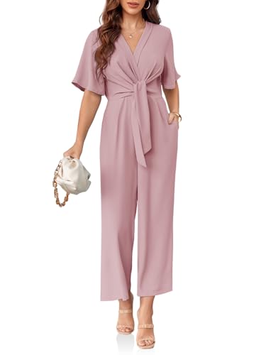 Cicy Bell Women's Elegant V Neck Jumpsuits Dressy Casual Short Sleeve Wide Leg Long Pants Rompers