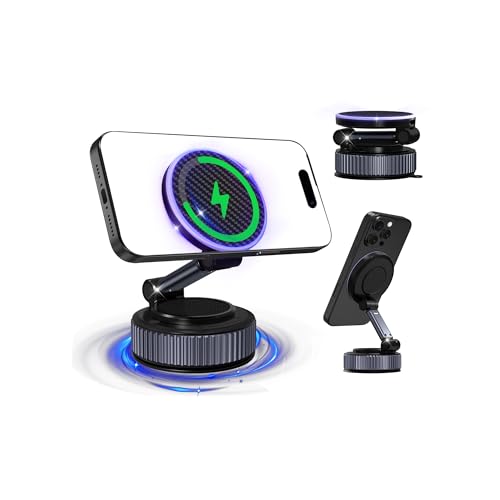 15W Magnetic Phone Charger Holder for Car - Upgraded 360° Vacuum Magnetic Phone Holder, Foldable Retractable Suction Cup Car Mount for Magsafe for Your Car/Gym/Mirror Mount for iPhone & Android