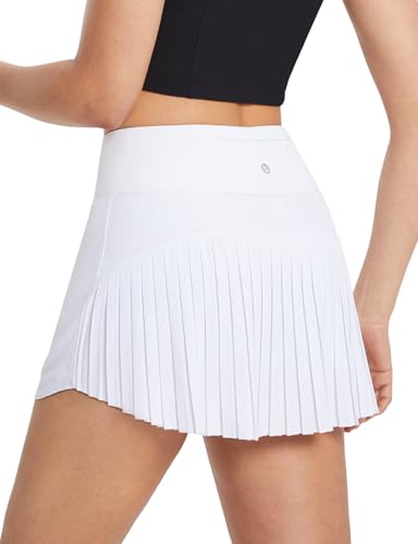 baleaf Women's Pleated Tennis Skirts High Waisted Lightweight Athletic Golf Skorts Skirts with Shorts Pockets White Medium