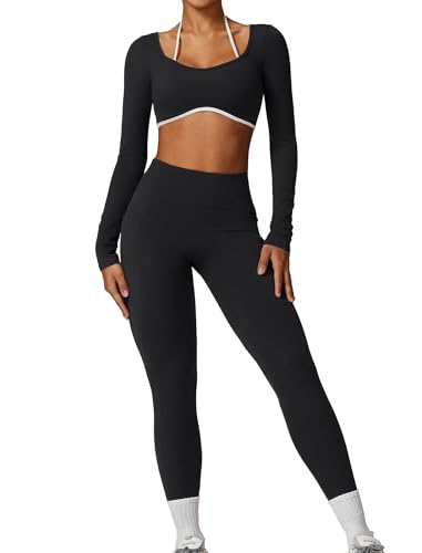 AGYMNX Workout Sets for Women 2 Piece Outfits Seamless High Waist Leggings Yoga Long Sleeve Crop Tops Athletic Gym Sets Black XL