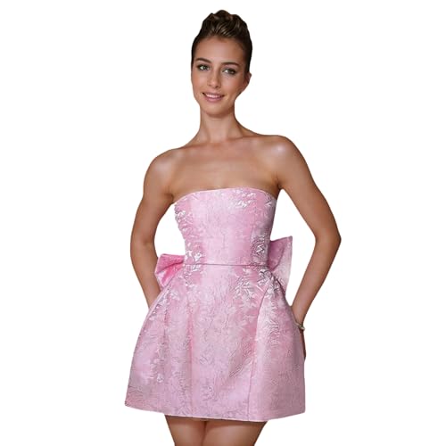JUMISEE Embroidery Satin Homecoming Dress with Bow Modest Strapless Mini Dresses A Line Short Prom Dress Party Gown Pink