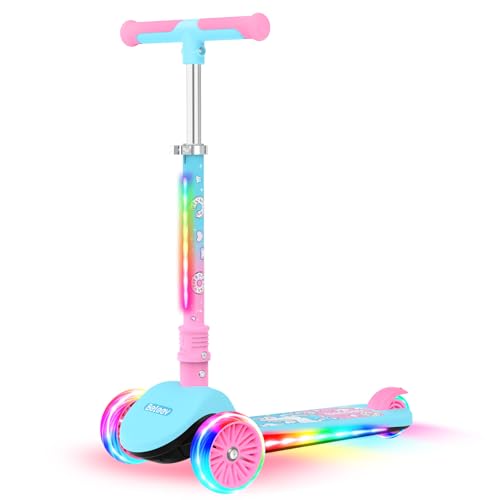 BELEEV Kids Scooter with LED Light-Up Wheels & Deck & Stem, 3 Wheel Folding Scooter for Toddlers Girls Boys Ages 3-12, Extra Wide Wheel, Adjustable Handlebar, Kick Scooter for Children (Blue Pink)