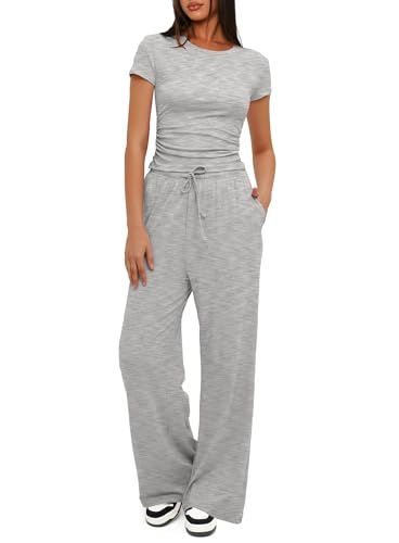 Darong Women's 2 Piece Outfits Lounge Sets Ruched Short Sleeve Tops and High Waisted Wide Leg Pants Tracksuit Sets 9042A Athletic Grey M