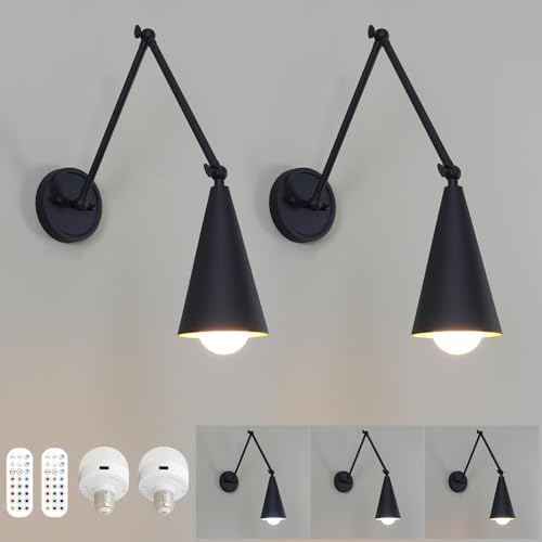 HEQIQEH 2-Pack Industrial Swing Arm Battery Powered Metal Black Wall Sconces, Vintage Rechargeable Dimmable Wall Mounted Lamps with Remote Control for Kitchen Bedroom Lounge