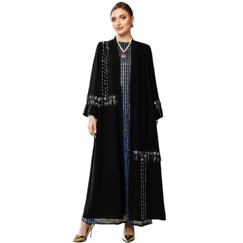 PolyJolly Black Handmade Tassels Bead Eid Robe for Women Dubai Modest Muslim Dress S