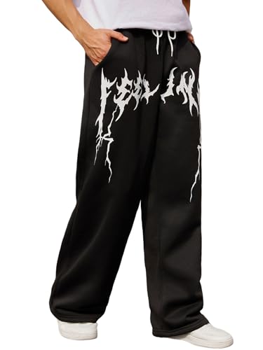 OYOANGLE Men's Graphic Print Drawstring Waist Baggy Sweatpants Loose Straight Leg Pants with Pocket Black Small