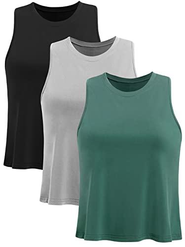 Ridshy Crop Tops for Women Workout Muscle Tank Top Cropped Loose Flowy Tank Tops Yoga Sleeveless Exercise Shirts Athletic Tanks Tennis Activewear Tops Gym Clothes 3 Pack Black/Gray/Army Green M