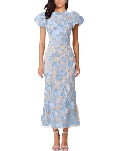 Women's 3D Floral Embroidery Dress Ruffle Sleeve Fishtail Lace Bodycon Party Cocktail Mixi Dress (US, Alpha, Medium, Regular, Regular, Sky Blue)