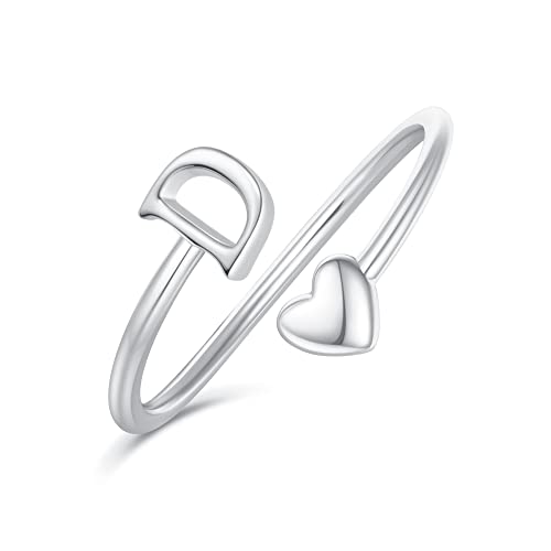 Initial Rings for Teen Girls, Silver Initial Heart Ring Stackable Rings for Women Adjustable Initial Rings for Teen Girls Women Heart Letter D Rings for Teen Girls Christmas Gifts Teen Girl Gifts