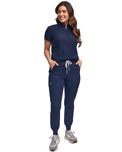 Green Town Scrubs for Women Scrub Set - Slim Fit Jogger Pant and Mandarin Collar Tuck-in Top, Easy Care Uniform-Navy-Medium