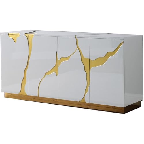 Best Master Furniture Taylor High Gloss Lacquer Sideboard/Buffet with Gold Trim, White