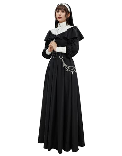 miccostumes Women's Costume Nun Cosplay Gothic Dress Retro Black Long Dress with Shawl and Necklace Waist Belt Halloween (M)