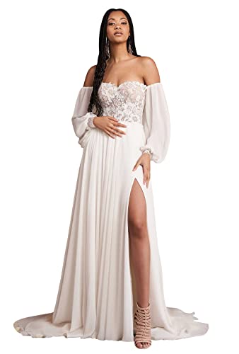Ternlm Women’s Off Shoulder Beach Wedding Dress 2025 for Bride with Lace Appliques Long Sleeve Chiffon Bridal Gown with Slit for Women Ivory 16