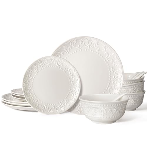 Wareland Plates and Bowls Sets - 16 Pieces Ceramic Dinnerware Sets for 4, Embossed White Dish Set Porcelain Kitchen Dishware Sets Dishwasher & Microwave Safe (Brocade Flower)