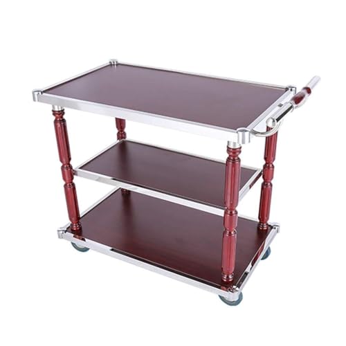 CMKHGU 3-Tier Stainless Steel Serving Trolley with Wooden Tray, Rolling Storage Cart for Hotel, Restaurant, Kitchen & Home Use