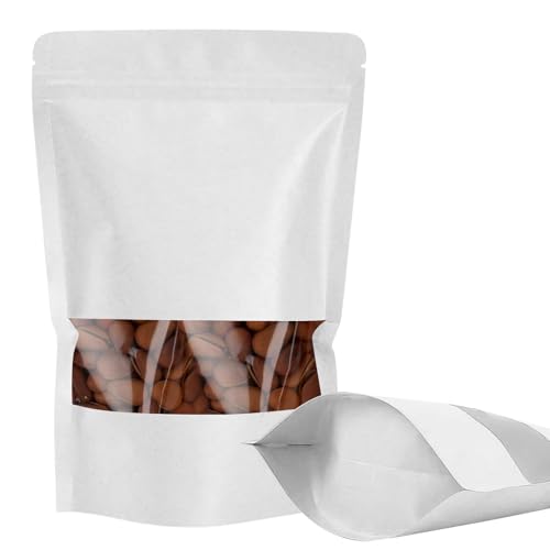 100 PCS Kraft Paper Bags, Resealable Food Packaging Bags with Window, Zip Lock Stand Up Reusable Heat Sealable Bags for Small Business, Foods (4.7x7.9+3 inch)