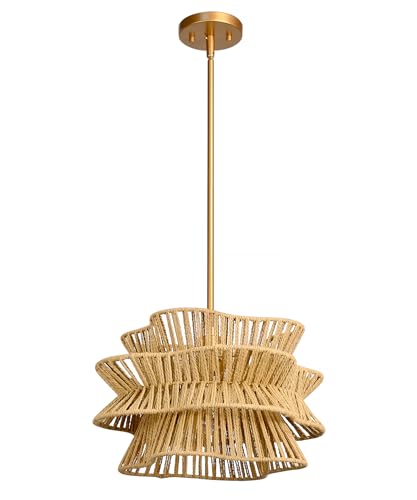 Wrlmfy Woven Pendant Lights 16" Boho Wicker Chandelier, Country Cottage Hanging Lamp with Handmade Rattan Lampshade for Kitchen Island Farmhouse Dining Room Bedroom Foyer Hallway (Gold)