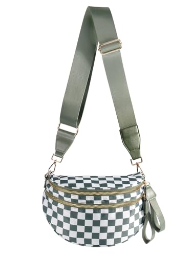 MEISEY Black and White Checkered Crossbody Bag Bum Bag for Women,Spacious Checkered Purse Fanny Packs Belt Sling Bag with Shoulder Strap (Beans Green Checkered)