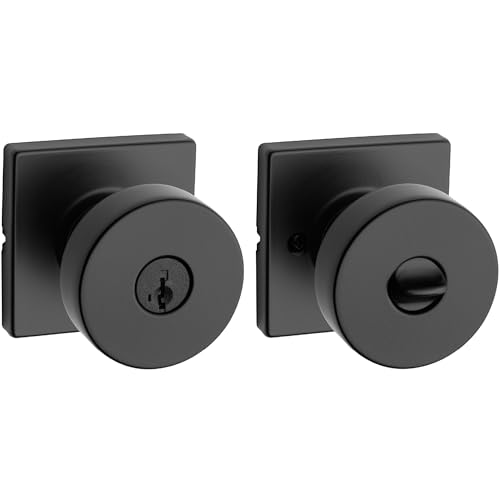 Kwikset Pismo Entry Door Knob with Lock and Key, Secure Keyed Handle Exterior, Front Entrance and Bedroom, Matte Black, Pick Resistant SmartKey Rekey Security and Microban, Square Rose