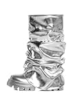 sexytag Silver Metallic Boots Slouchy Foldover Boots for Women Mid Calf Platform Round Toe Western Pull-On Fashion Shark Booties Silver Size 9