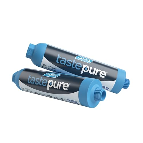 Camco Tastepure RV Water Filter - New Advanced 6-Step Patent-Protected Filtration - Camping Essentials for Fresh Drinking Water - 2-Pack of RV Inline Water Filters, Made in USA (40045)
