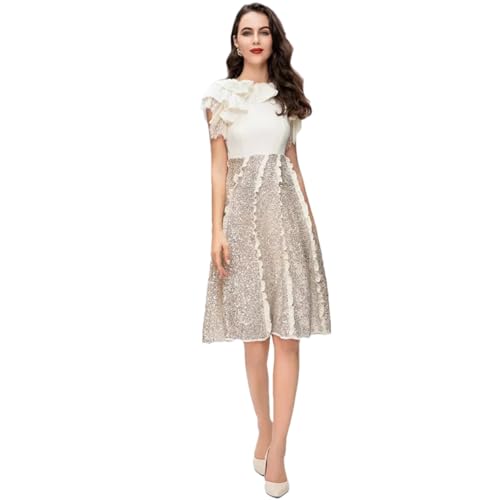 Women Spring Round Neck Flounced Short-Sleeved Edible Patchwork Sequin High-Waisted Dress Beige M