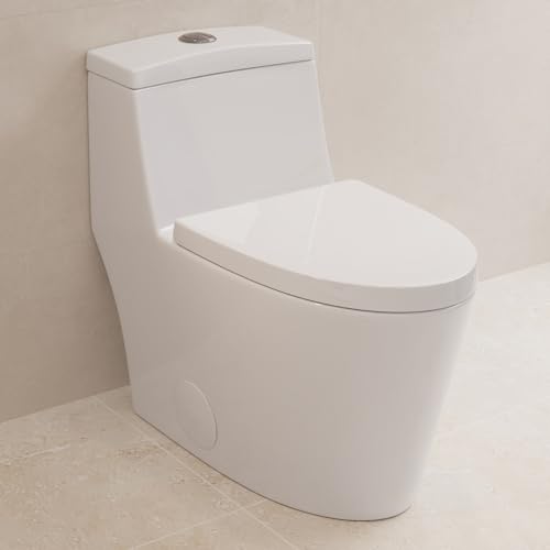 Deer Valley Elongated One Piece Toilet with Soft Close Seat, Dual Flush (1.1/1.6GPF) High-Efficiency Modern Bathroom Toilet Bowl with 17" Comfortable ADA Seat Height, 12" Rough-In, White, F52636-01