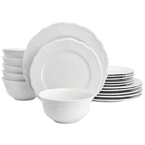 Elama Henryi 18 Piece Embossed Rim Detail Porcelain White Dinnerware Set, Tableware Set, Serveware (18 Piece)