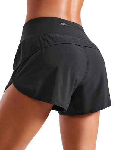 CRZ YOGA Mid Waisted Running Shorts for Women Soft for Gym Athletic Workout with Zipper Pocket Liner Quick Dry Black Medium