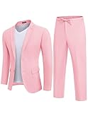 COOFANDY Men's Linen Suits Set Slim Fit Fashion Beach Wedding Groomsmen Party Travel Sport Coat Casual Pants Pink