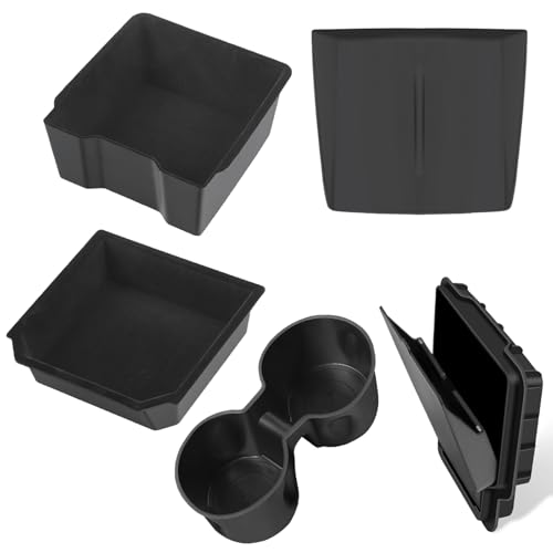 YEVEDUO Center Console Organizer for 2025 2026 Tesla Model Y & Model 3 Juniper Accessories, Armrest Storage Tray and Hidden Storage Box 3 in 1, Flock & ABS Black (for Model Y&3 Juniper 5 Pcs)