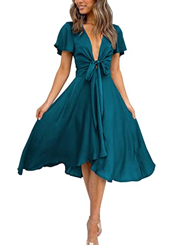 miduo Women's Dresses Summer V Neck Ruffle Short Sleeve Tie Front High Waist Hi Low Sexy Midi A-Line Skater Satin Dresses Club L