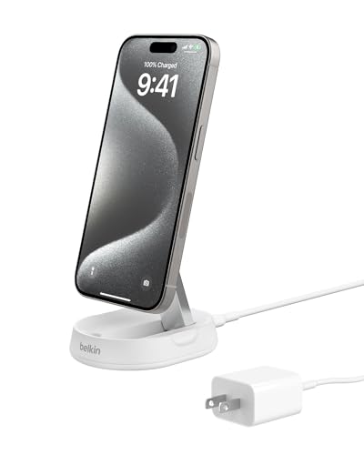 Belkin Convertible Magnetic Charging Stand 15W - MagSafe-Compatible Fast Qi2 Charger, iPhone Charger for Apple iPhone 16, 16 Plus, 16 Pro, 16 Pro Max, iPhone 15 & 14, Apple Airpods Pro, & More - White