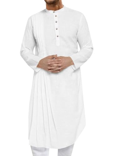 Runcati Mens Kaftan Thobe Cotton Linen Henley Shirt Long Sleeve Robe Casual Muslim Gown Kurta White