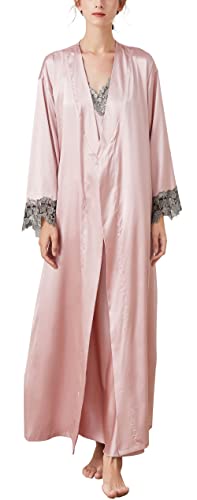 FEOYA Women's Silk Satin Nightgown and Bathrobe Loungewear Set 2 Piece Long Luxurious Pajama Dress Robes Solid Bride Maxi Nightgown Babydoll Sleepwear