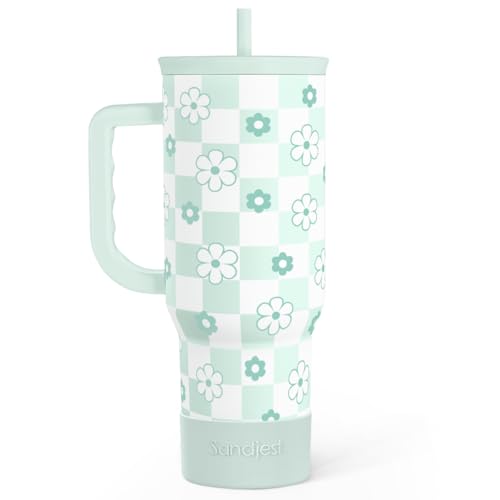 SANDJEST 40oz Daisy Flower Tumbler with Handle and Straw - Insulated Stainless Steel Coffee Travel Mug for Women Girls, Floral Gift Idea for Birthday Christmas