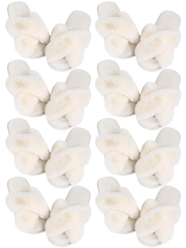 Liitrsh 8 Pairs Women's Cross Band Slippers Fuzzy House Slippers Plush Furry Bridesmaid Shoes Open Toe Soft Comfy Warm Shoes(Us 7-8,White)