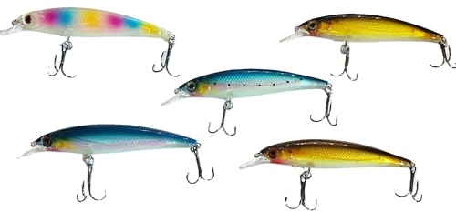 sinking minnow lures, 5 or 8 packs 20 Assorted Colors, various sizes for bass, trout, walleye & pike (Large 5 Pack)